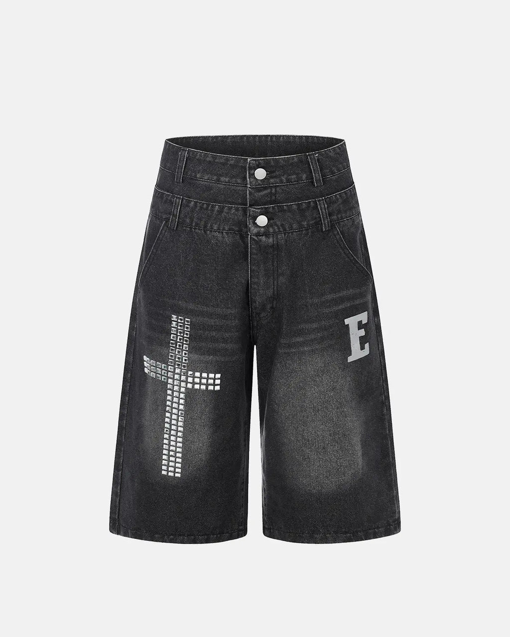 Inflation brand rhinestone cross double waist denim jorts, stylish streetwear pants with embellished details and distressed denim look.
