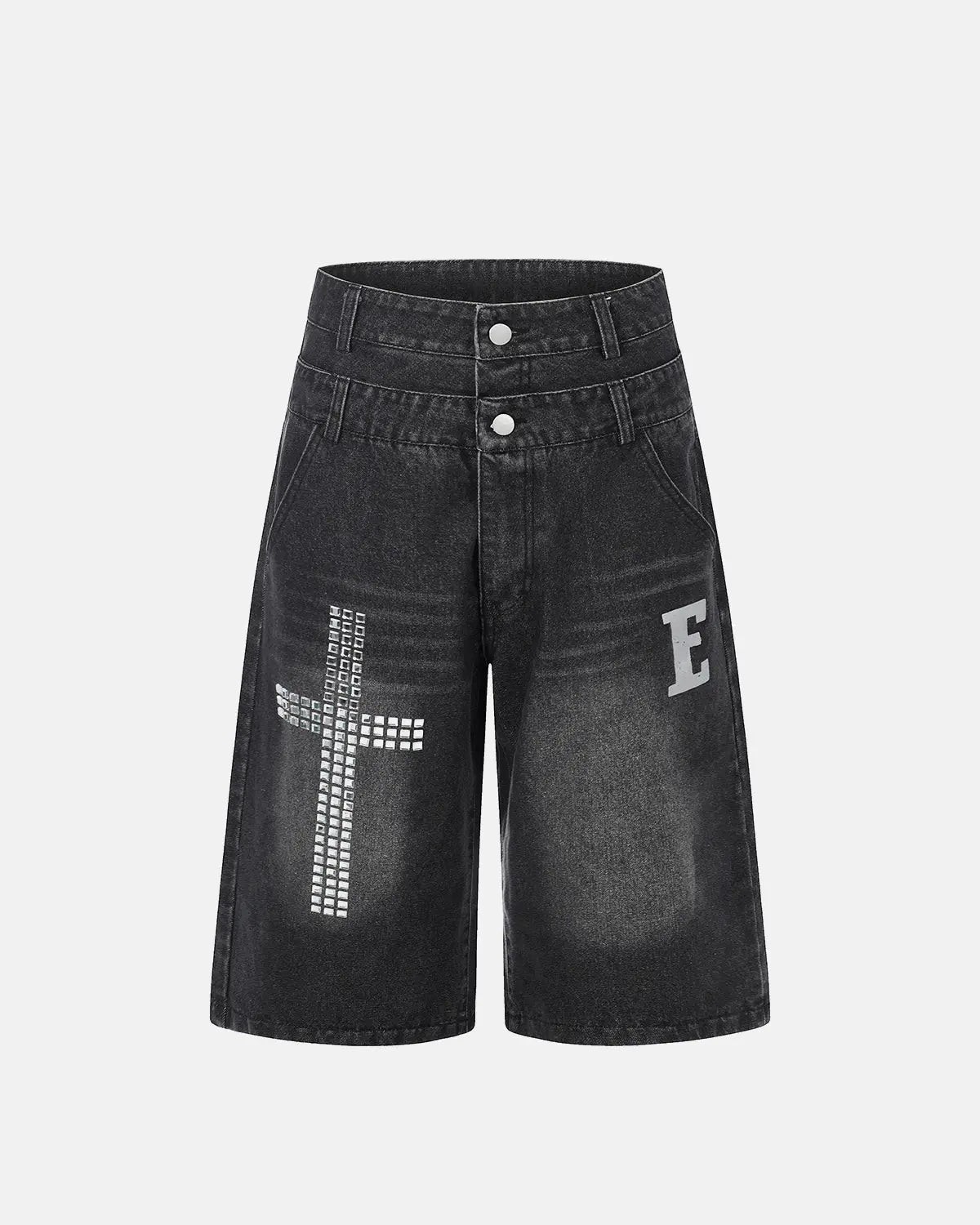 Inflation brand rhinestone cross double waist denim jorts, stylish streetwear pants with embellished details and distressed denim look.