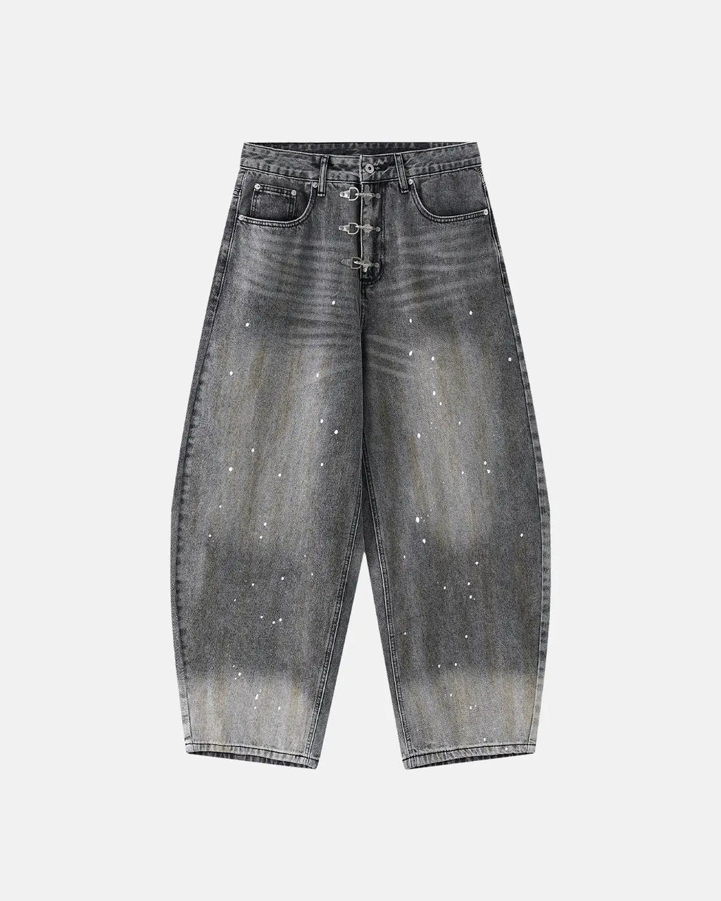 Inflation Streetwear Metal Clasp Washed Barrel Jeans, casual denim pants with distressed wash and metal clasp details.