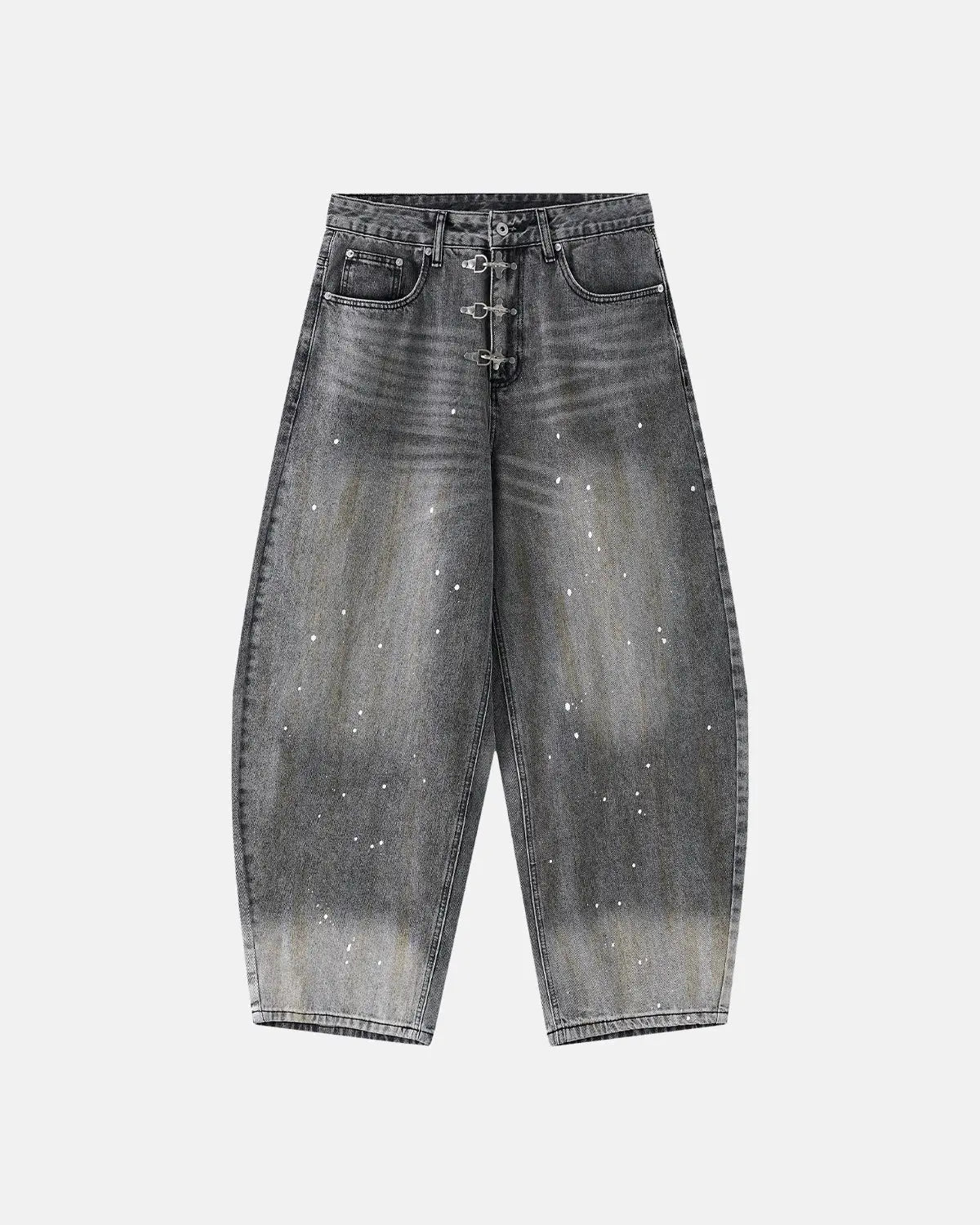 Inflation Streetwear Metal Clasp Washed Barrel Jeans, casual denim pants with distressed wash and metal clasp details.