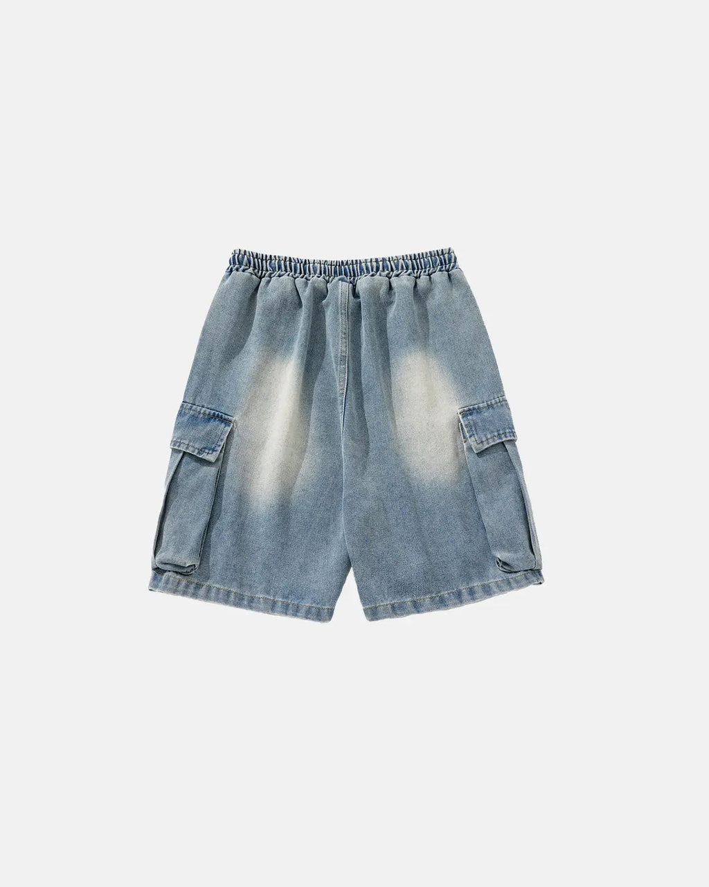 INFLATION washed denim cargo shorts with drawstring, featuring a relaxed fit, multiple pockets, and a casual streetwear style.