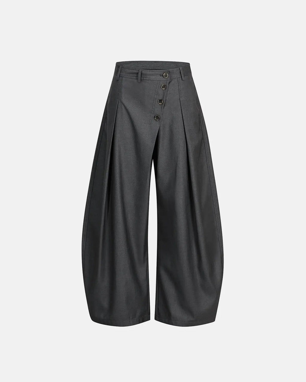 Asymmetric pleated barrel-leg suit pants by INFLATION, featuring unique design details and tailored fit, displayed on a white background.