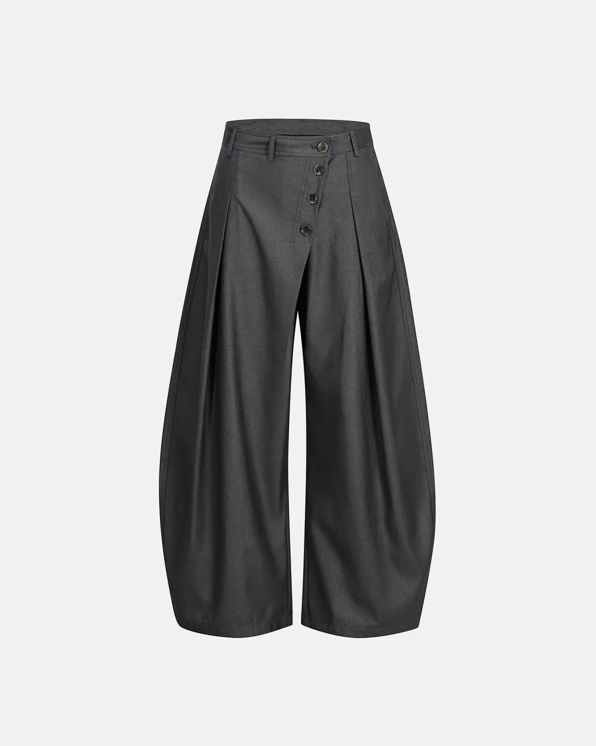 Asymmetric pleated barrel-leg suit pants by INFLATION, featuring unique design details and tailored fit, displayed on a white background.
