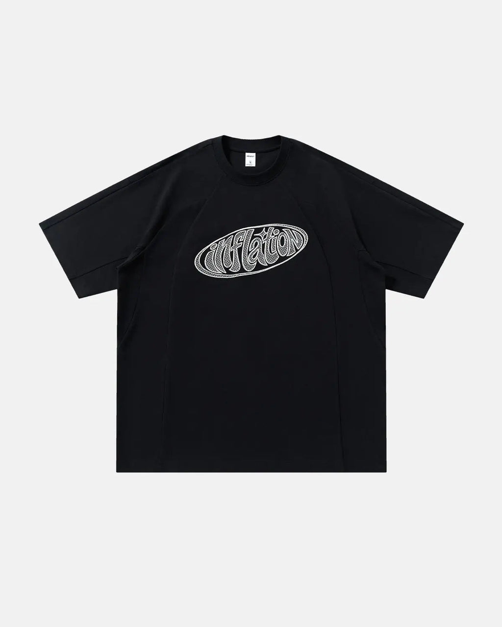 Hollow embroidered graphic T-shirt by INFLATION streetwear featuring intricate embroidery and bold design on white fabric.