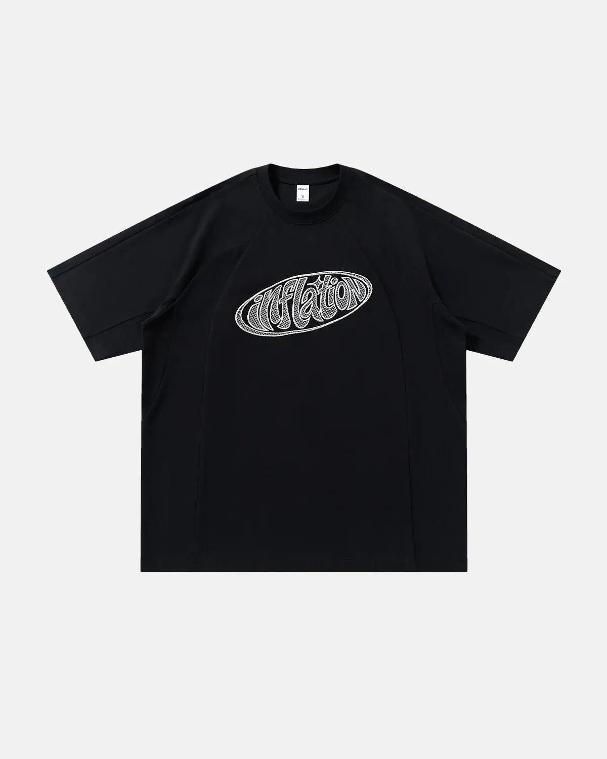 Hollow embroidered graphic T-shirt by INFLATION streetwear featuring intricate embroidery and bold design on white fabric.