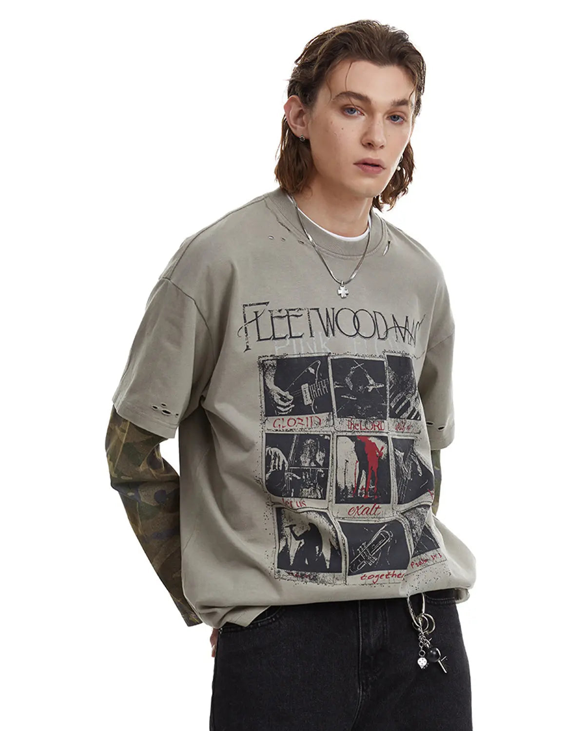Inflation Streetwear camo sleeve layered graphic T-shirt with bold camouflage and graphic design on the front.