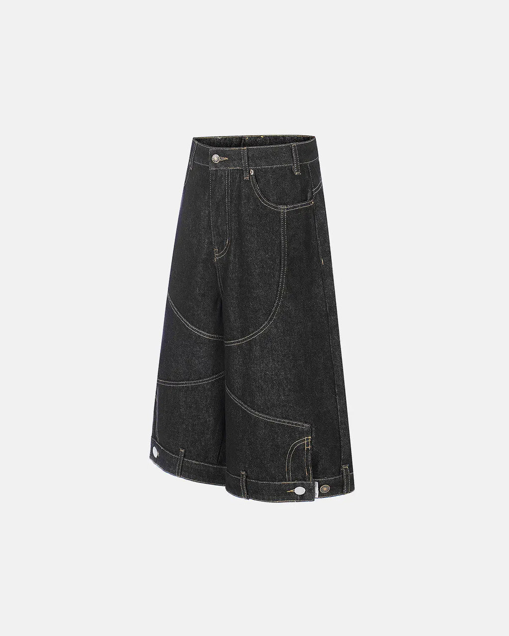 Deconstructed raw denim jorts by INFLATION, casual streetwear pants with distressed details and frayed hems.