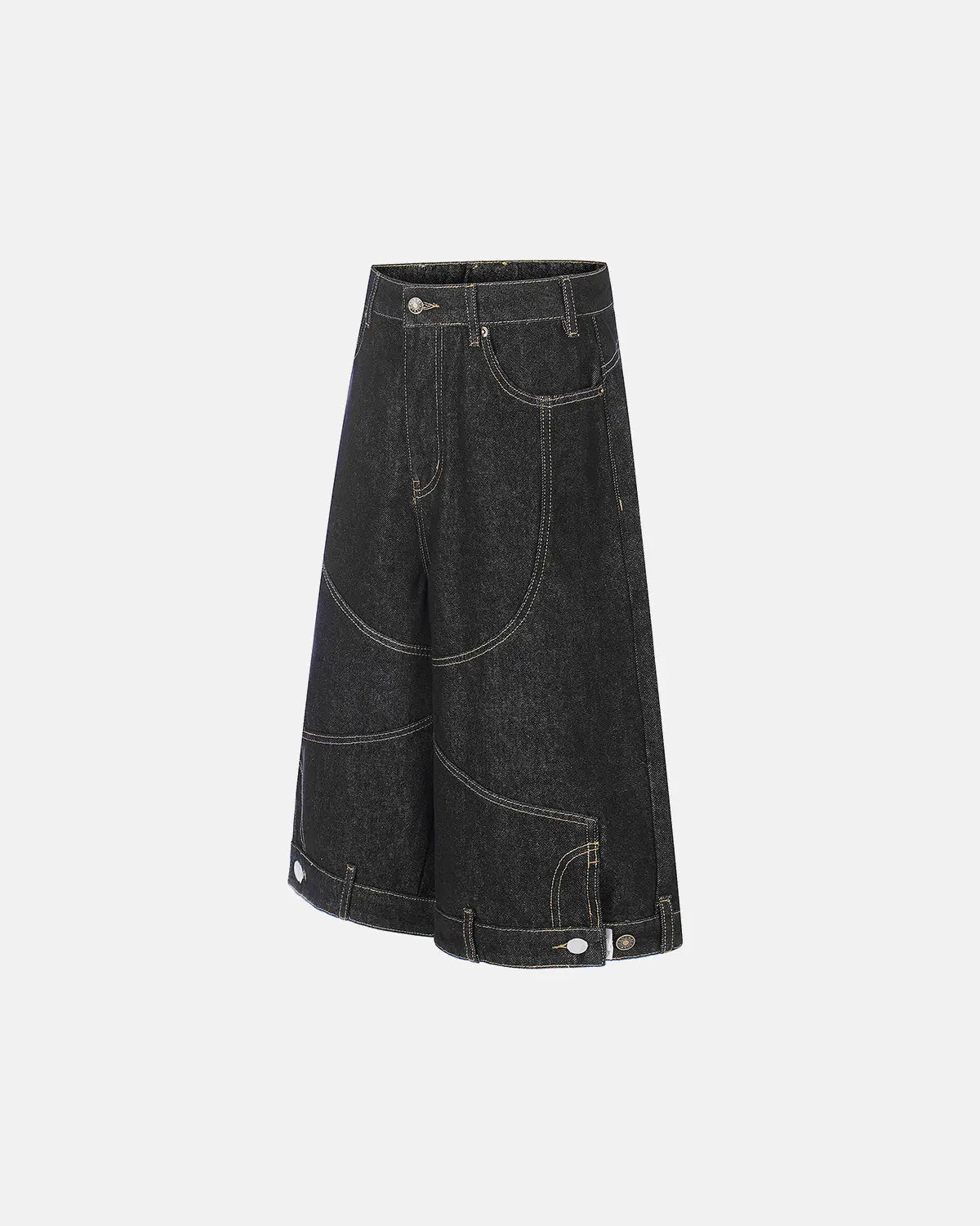 Deconstructed raw denim jorts by INFLATION, casual streetwear pants with distressed details and frayed hems.