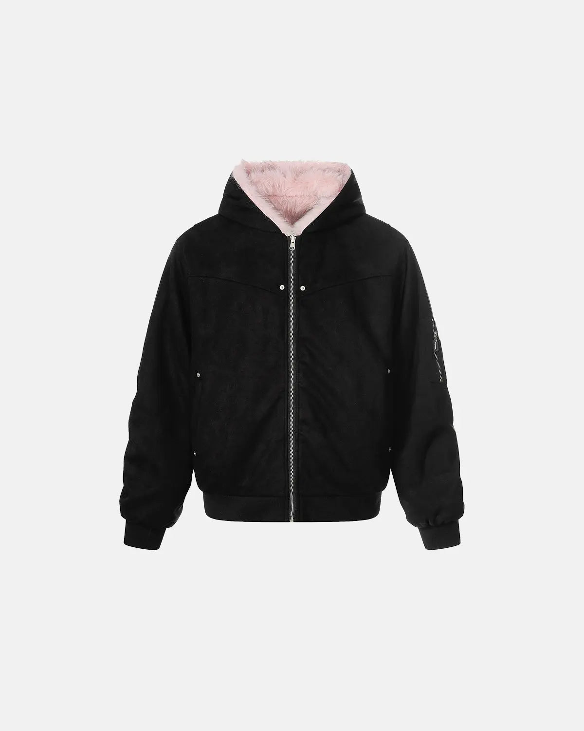 Reversible faux fur hooded jacket by INFLATION, featuring plush fur on one side and sleek fabric on the other, displayed on a hanger.