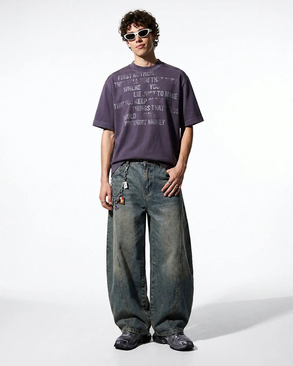 Inflation Streetwear mock neck distressed graphic T-shirt with bold print and casual fit, showcasing a modern streetwear style.