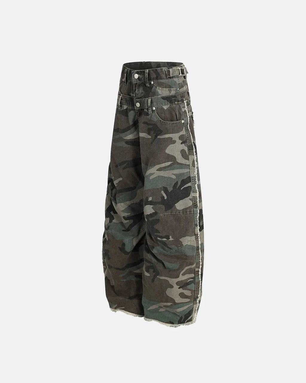 Inflation Streetwear double waist camo cargo pants with multiple pockets and relaxed fit, showcasing camo pattern and utility design.
