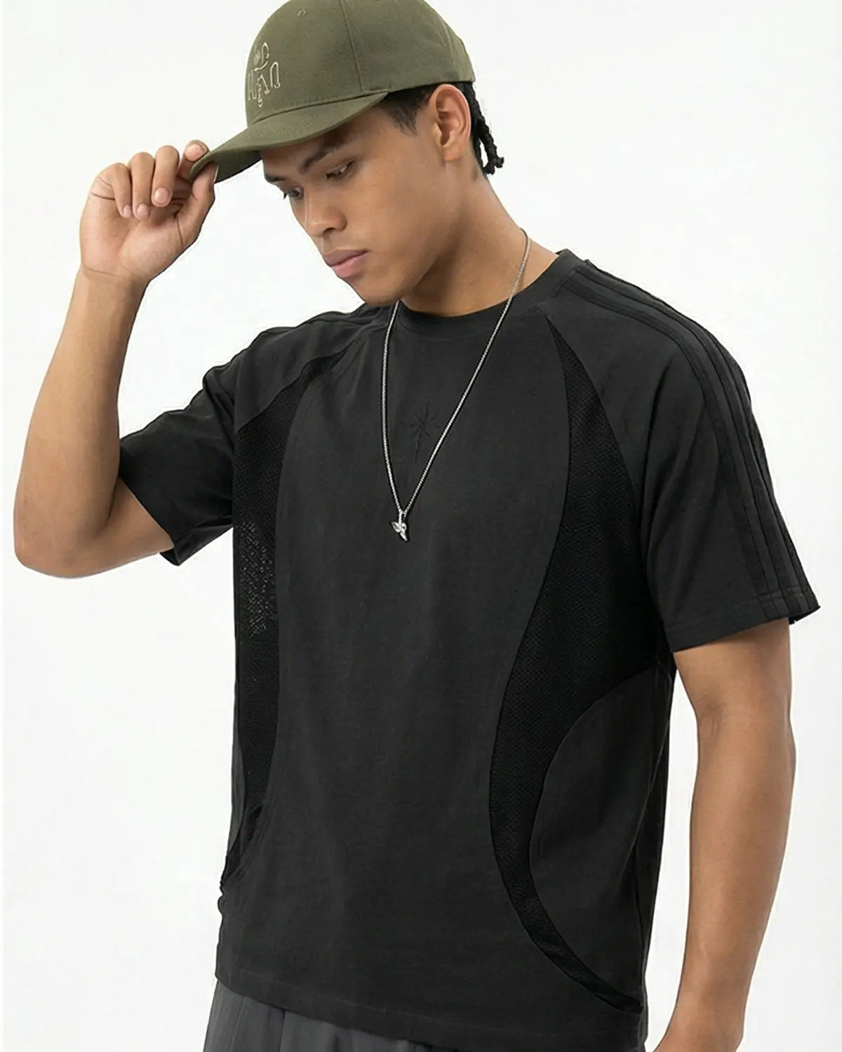 Inflation Streetwear embroidered mesh patchwork T-shirt with colorful stitching and detailed embroidery on lightweight fabric.