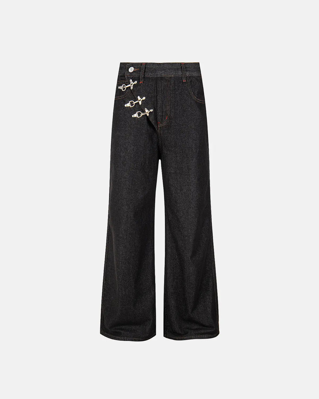 Asymmetric buckle raw baggy jeans by INFLATION featuring loose fit, distressed details, and unique front buckle design.