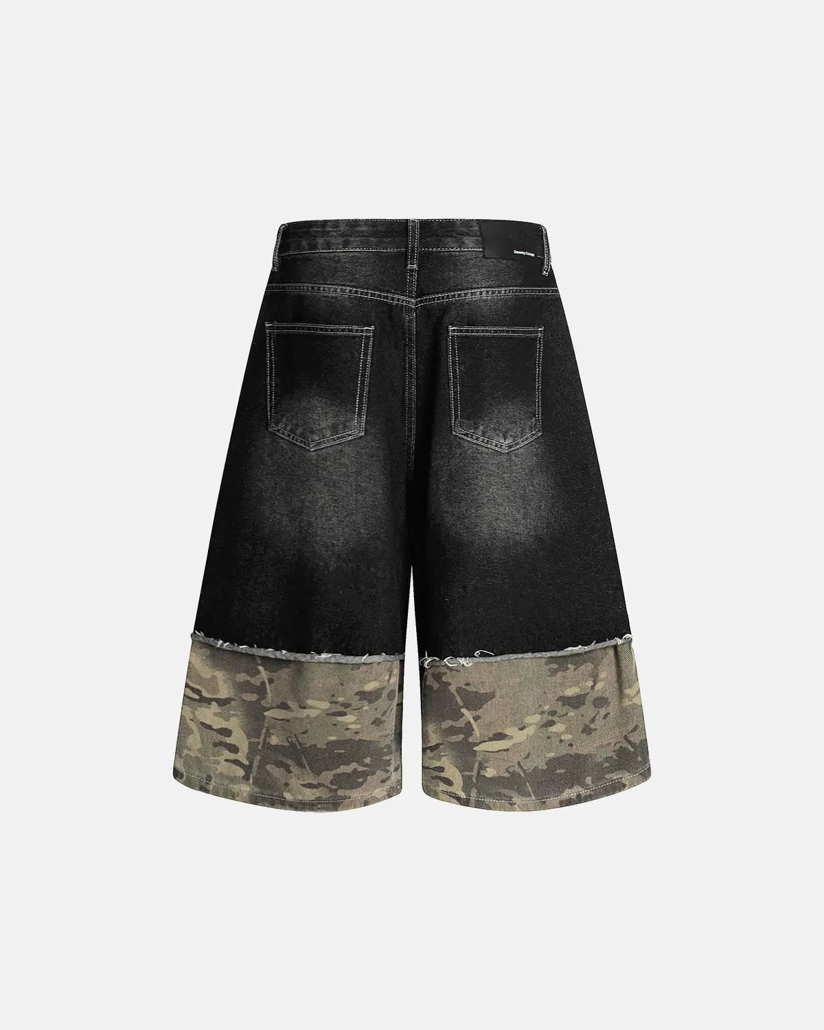 Inflation Camo Patchwork Washed Denim Jorts, casual denim pants with camo patch details and distressed wash, men's streetwear style.