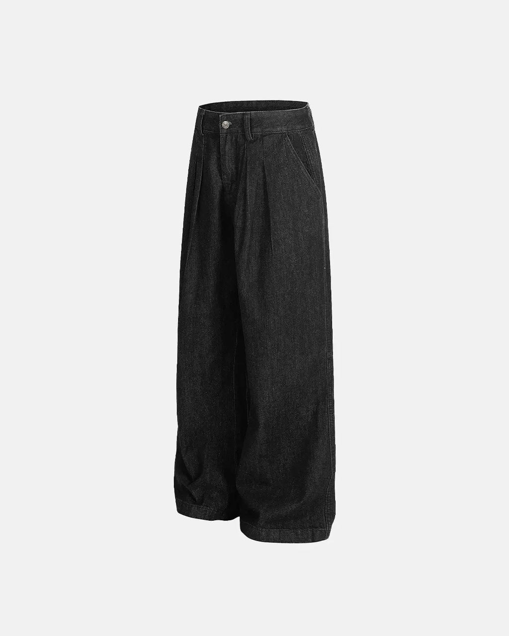 Inflation Streetwear pleated raw baggy jeans with a relaxed fit and distressed detailing, styled with a casual urban look.