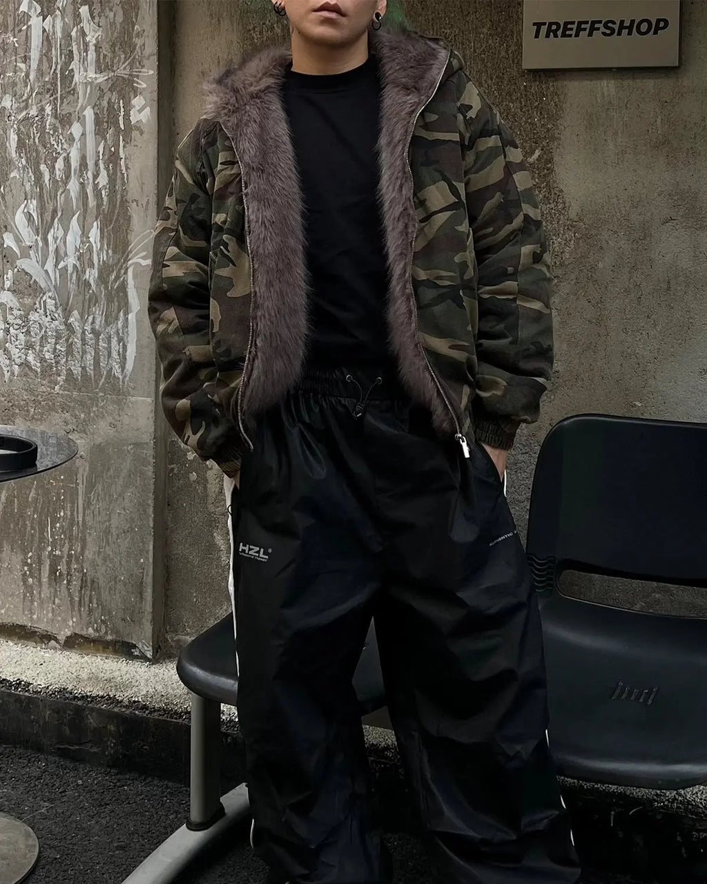 Inflation Camo Faux Fur Lined Bomber Jacket showcasing camouflage pattern, cozy faux fur collar, and casual streetwear style.