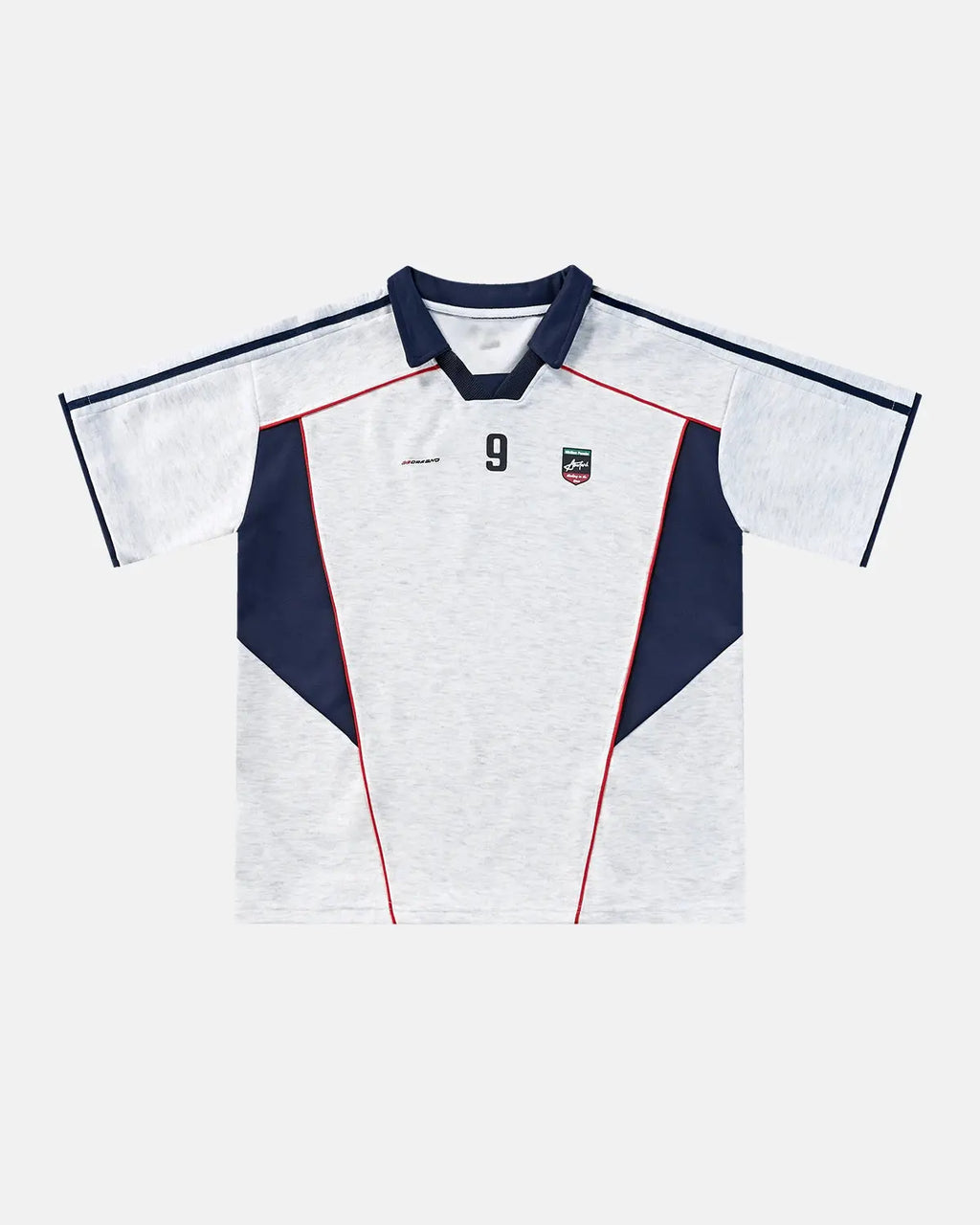 Color block graphic jersey tee by INFLATION, featuring bold color blocks and streetwear style, worn by a model.