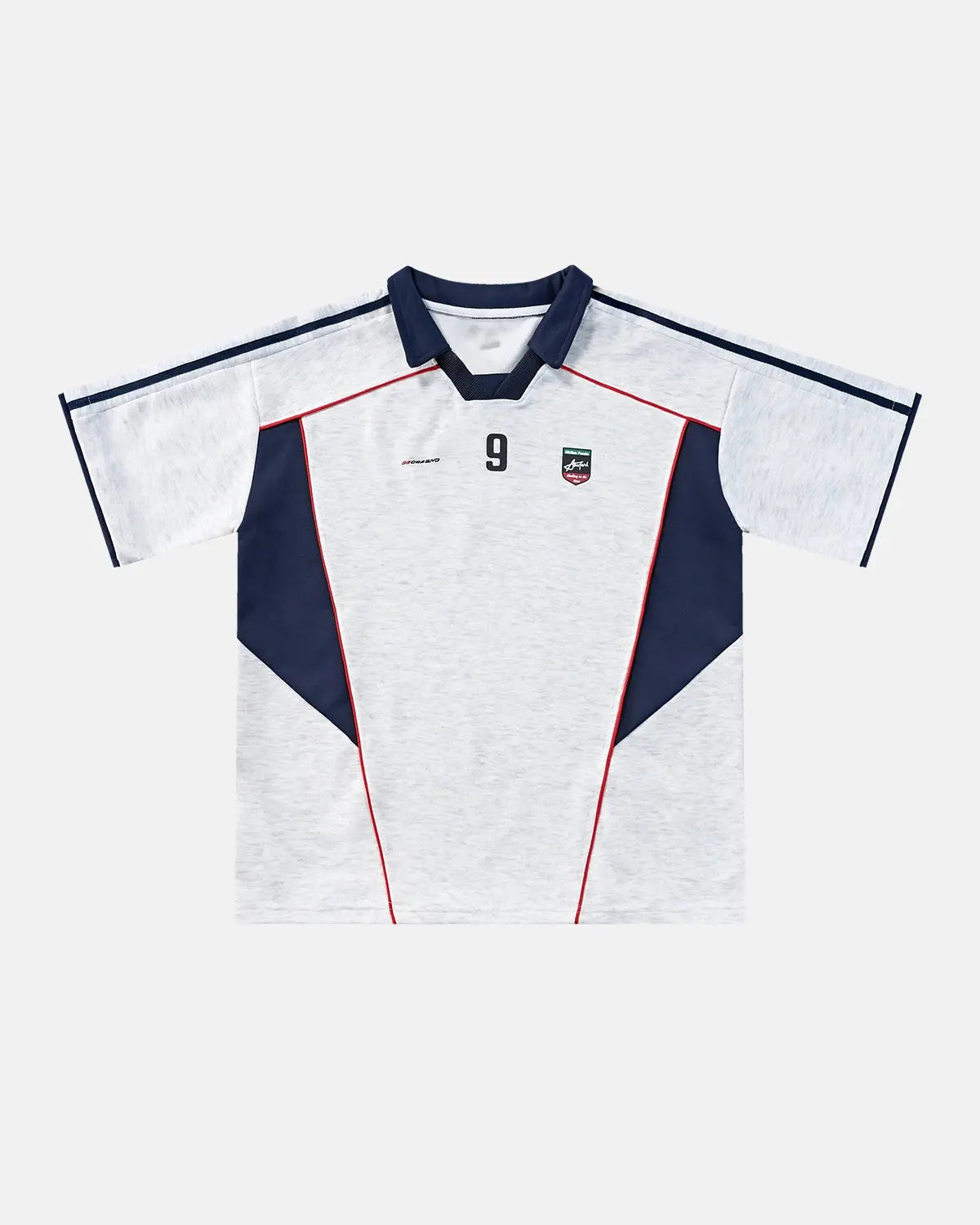 Color block graphic jersey tee by INFLATION, featuring bold color blocks and streetwear style, worn by a model.