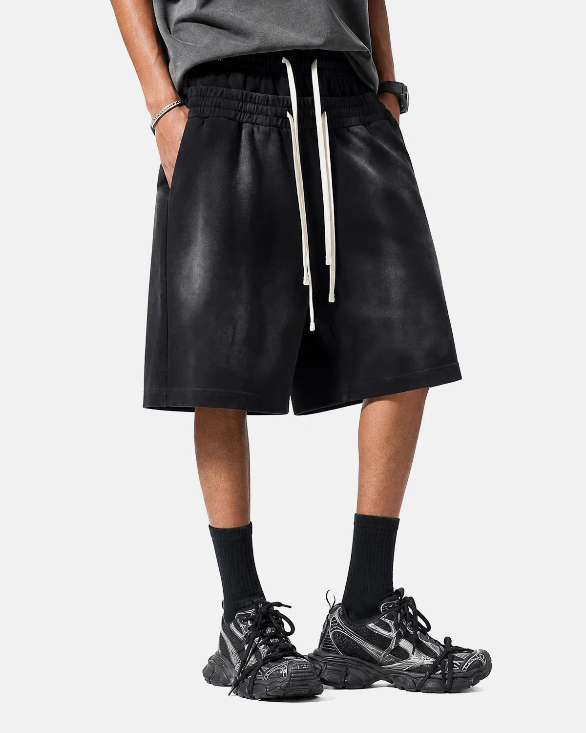 Inflation Streetwear double waist monkey wash sweat shorts featuring a relaxed fit and stylish distressed denim look.
