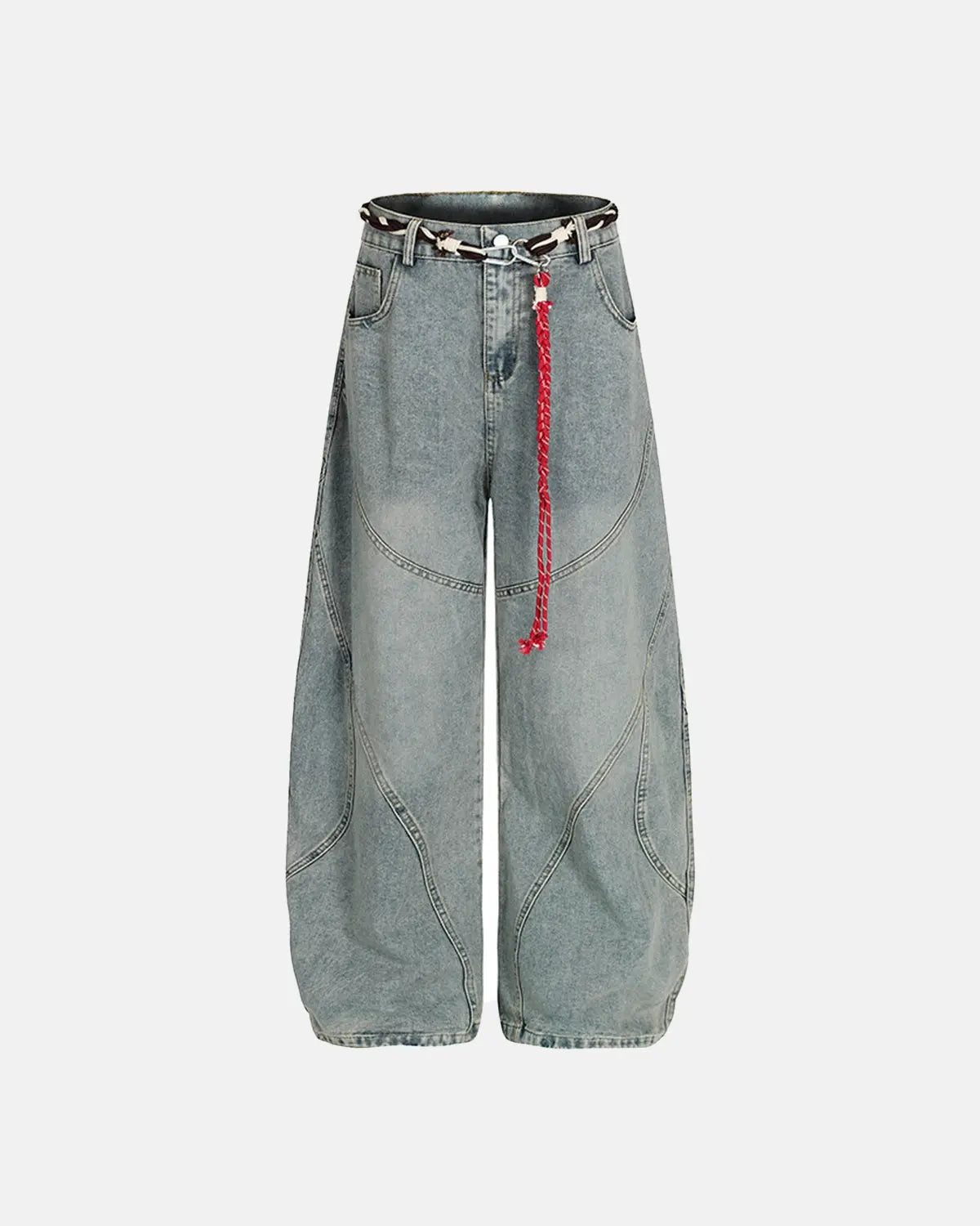 Acid wash baggy jeans with stitching details from Inflation Streetwear, featuring a relaxed fit and distressed denim style.