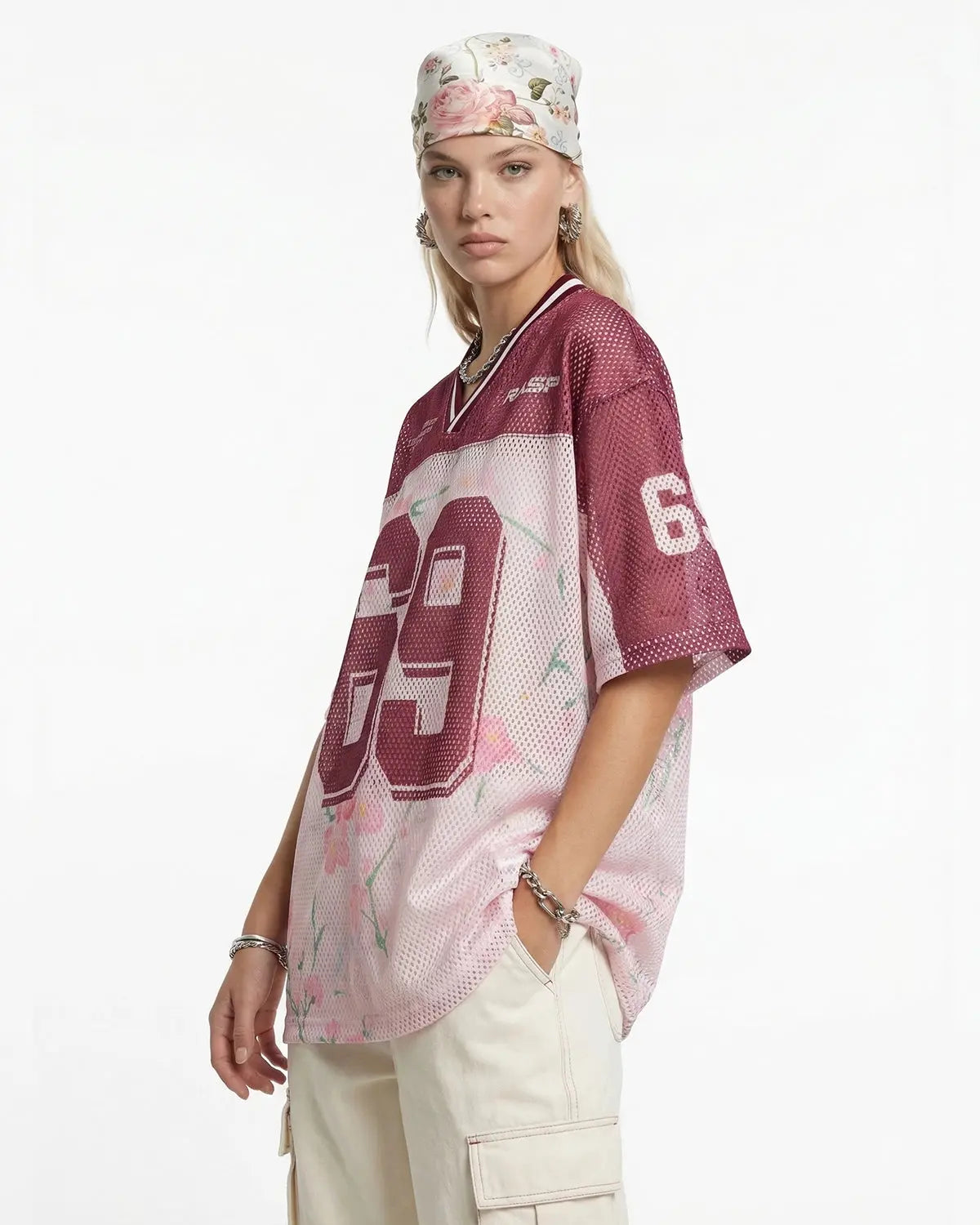 Inflation Floral Digital Print Mesh Jersey featuring vibrant floral patterns and lightweight mesh fabric for stylish streetwear.