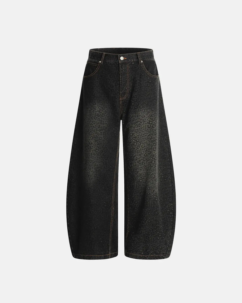 Vintage leopard print barrel jeans by Inflation Streetwear showing classic leopard pattern and relaxed fit style.