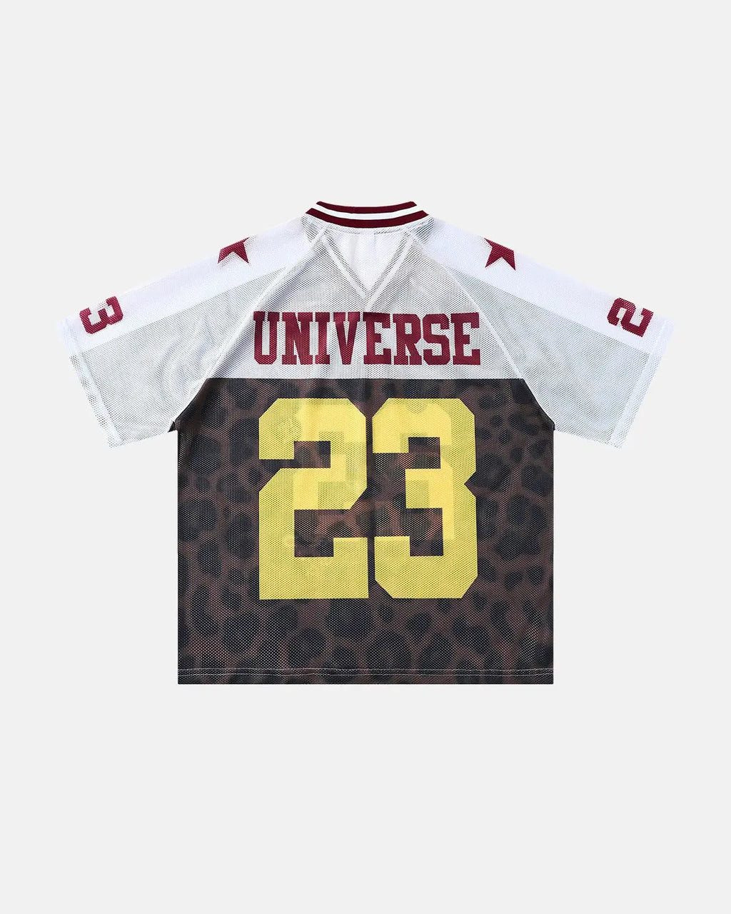 Number 23 Leopard Mesh Jersey by INFLATION, featuring a bold leopard print on a lightweight mesh fabric.