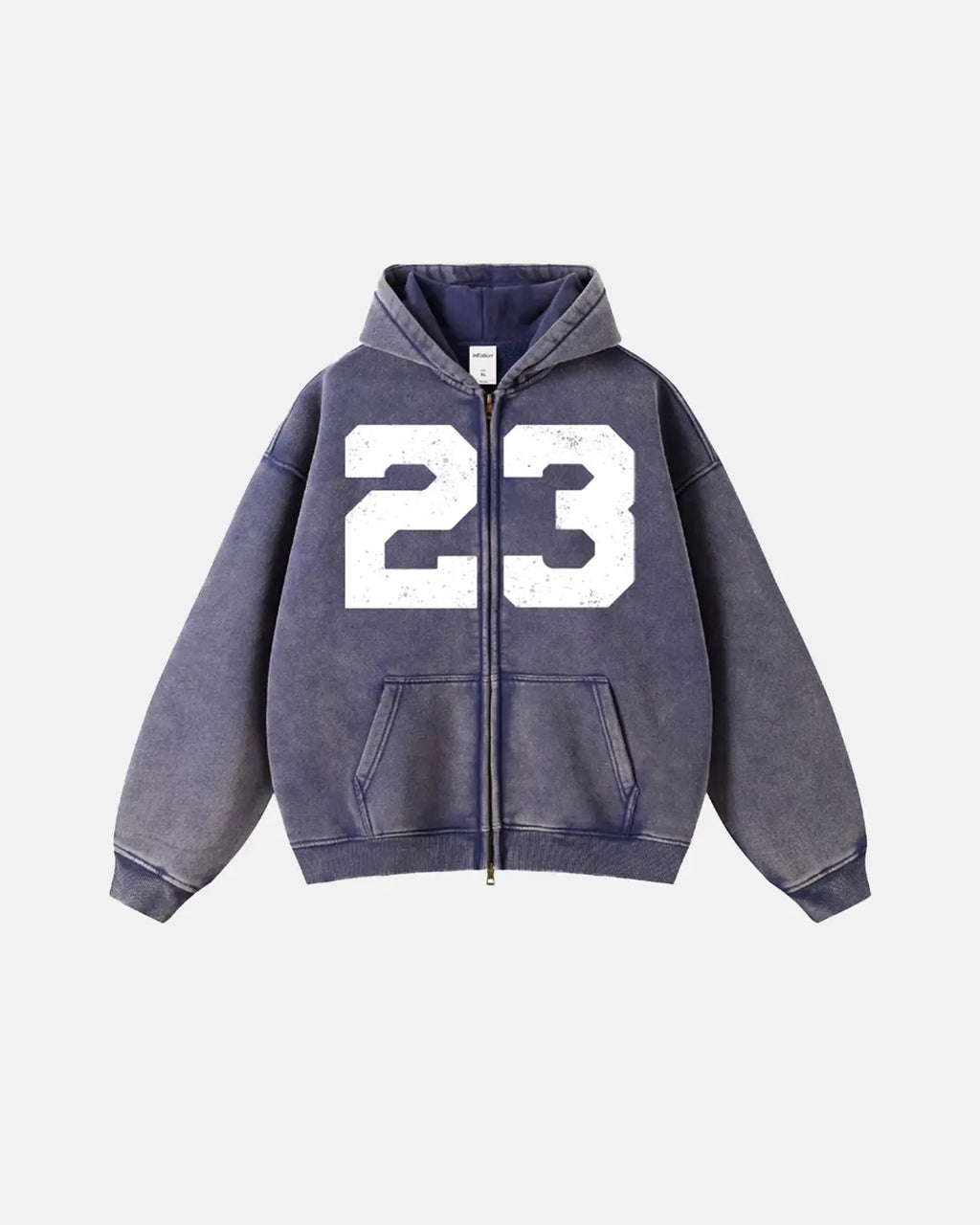 Inflation Streetwear 23 Washed Zip Up Hoodie in light blue with front pockets and adjustable drawstrings, casual and stylish.