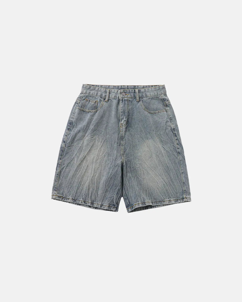 Textured washed longline jorts by INFLATION, denim-style pants with a relaxed fit and distressed finish, shown on a model.