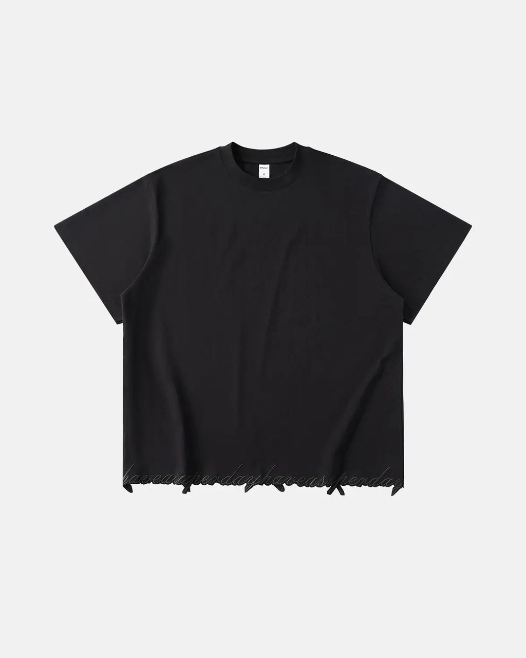 Oversized embroidered frayed hem T-shirt by INFLATION Streetwear featuring colorful embroidery and distressed frayed edges.
