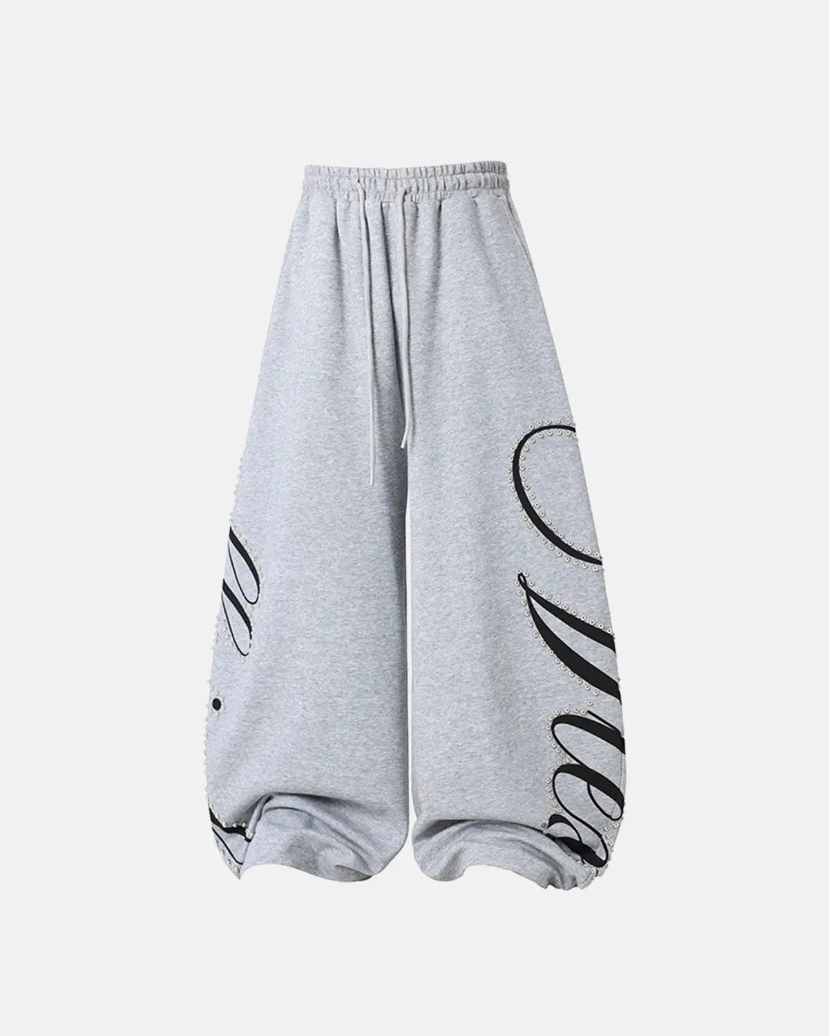 Inflation Streetwear rhinestone script baggy sweatpants with bold lettering and a relaxed fit, casual streetwear style.