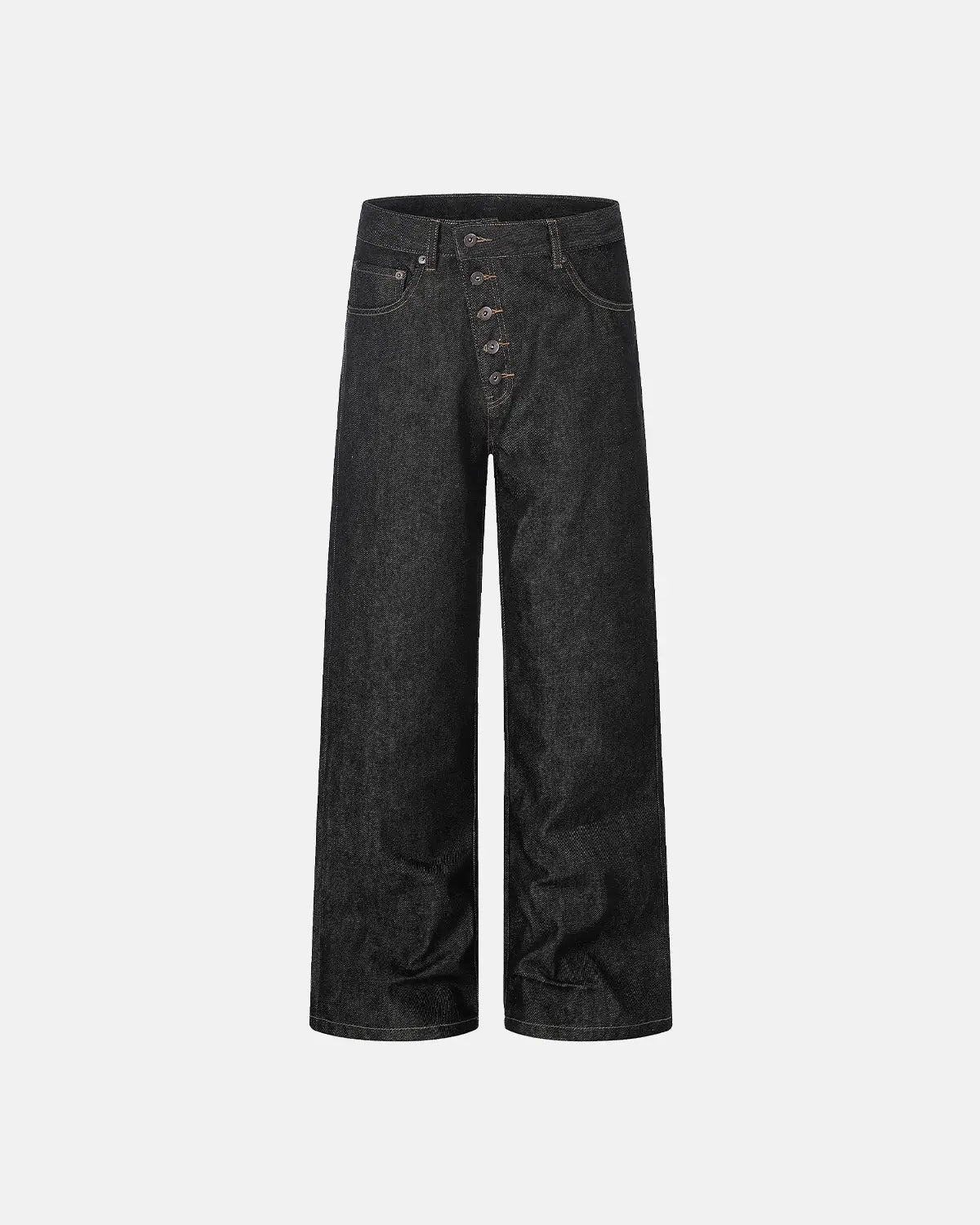 Raw baggy jeans with button fly from Inflation Streetwear featuring distressed denim and relaxed fit, shown on a model.