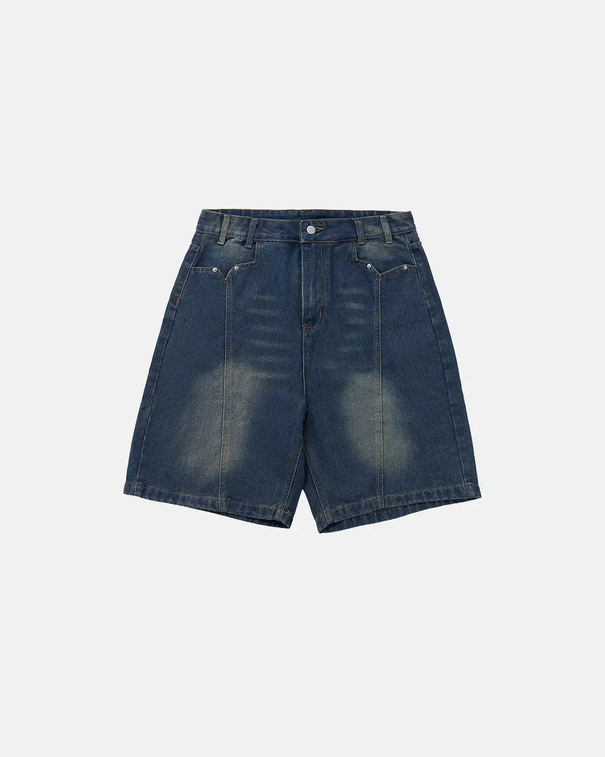 Deconstructed washed denim jorts by INFLATION, casual denim pants with frayed edges and distressed details, on a plain background.