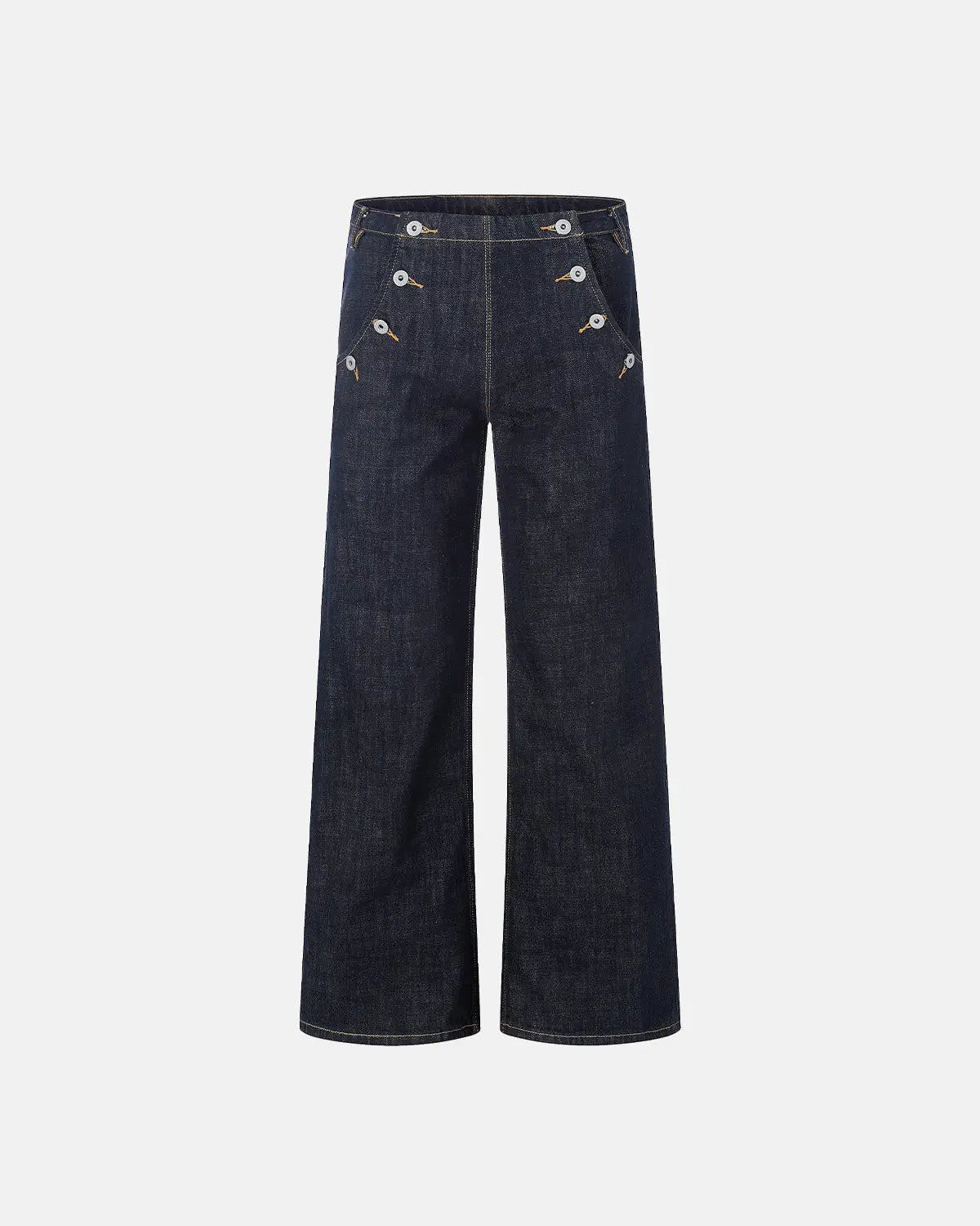 Inflation Streetwear button detail raw wide-leg jeans with distressed finish and casual fit, showcasing front and side view.