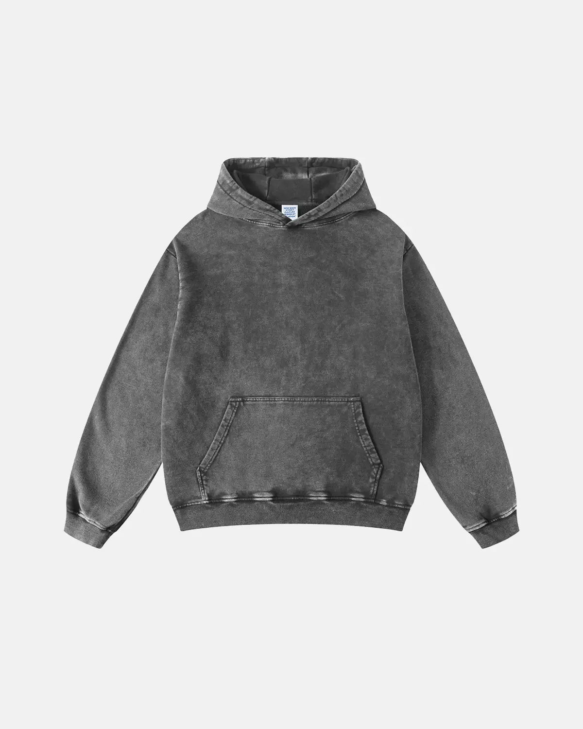 Acid washed French Terry hoodie by INFLATION, featuring a relaxed fit, drawstring hood, and distressed fabric for streetwear style.