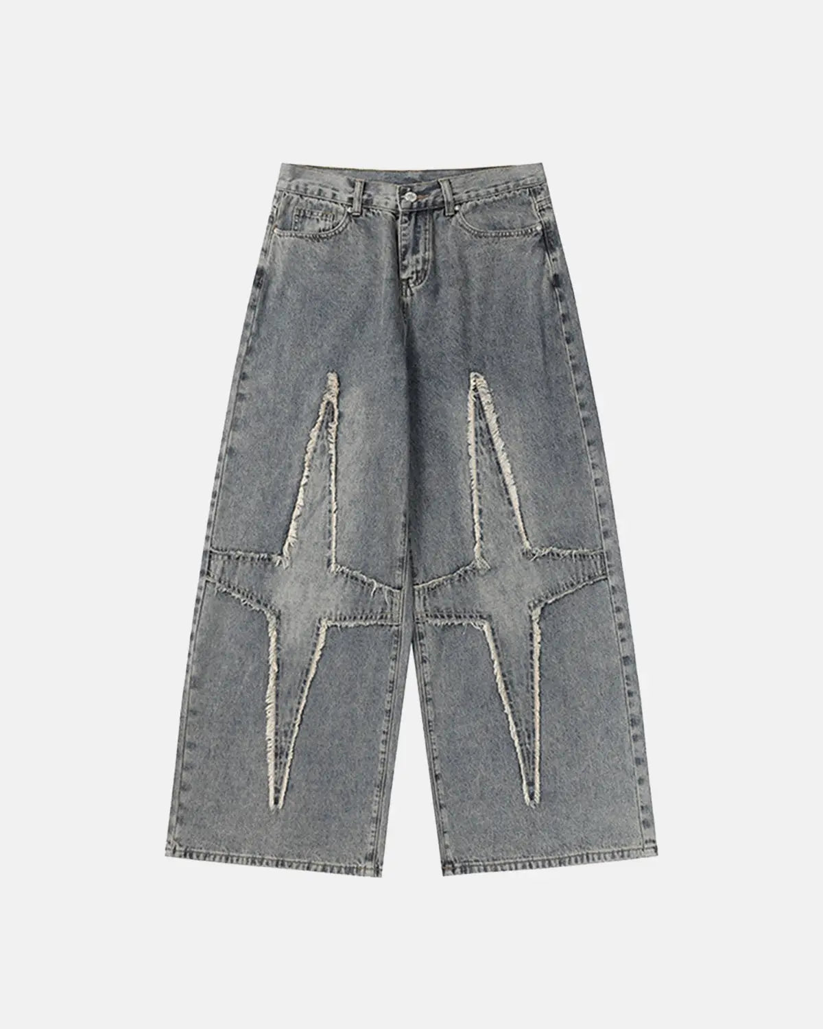 Star patched baggy jeans from INFLATION Streetwear featuring distressed denim and relaxed fit with star embellishments.