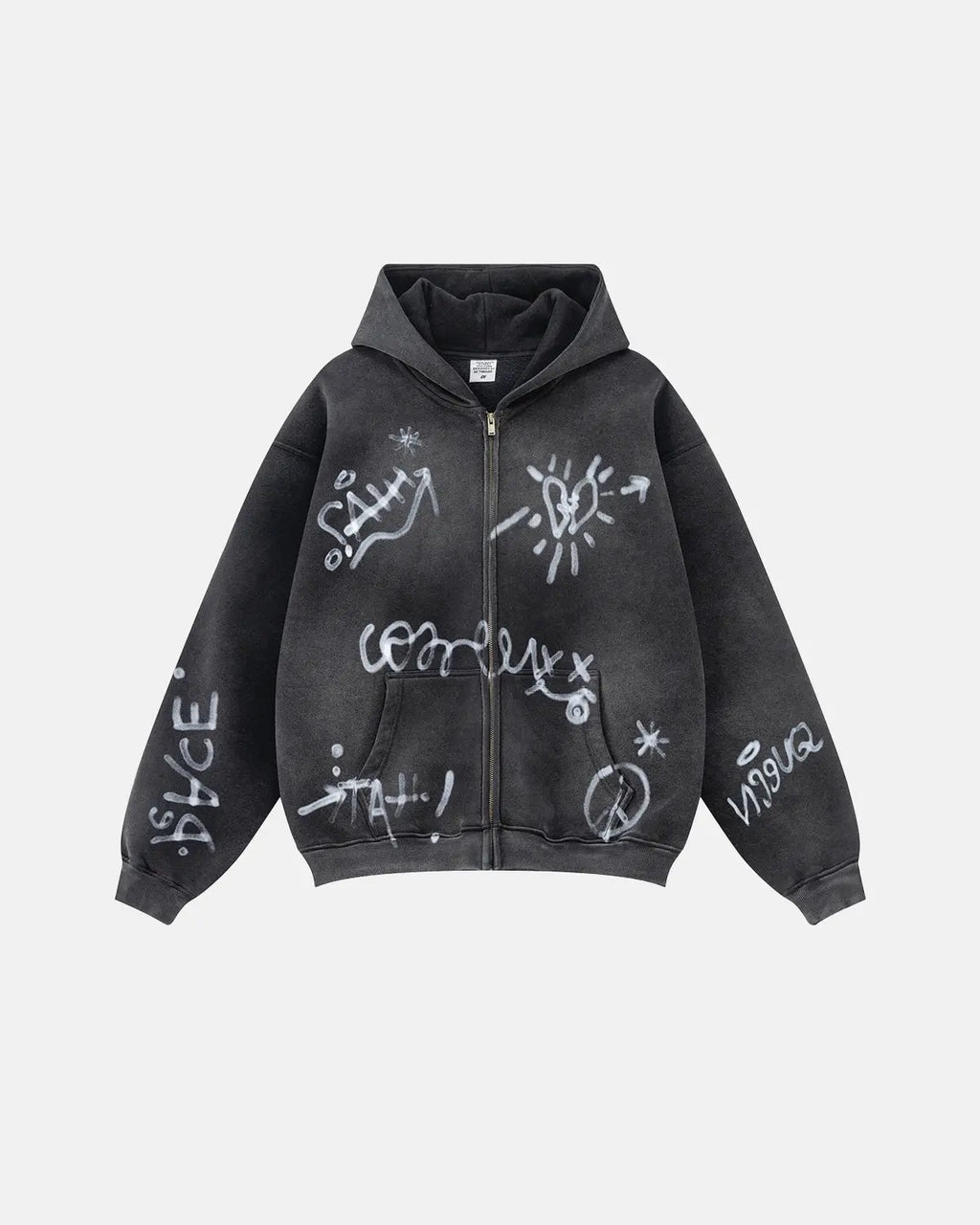 INFLATION graffiti washed zip-up hoodie featuring colorful spray paint design and casual fit, displayed on a hanger.