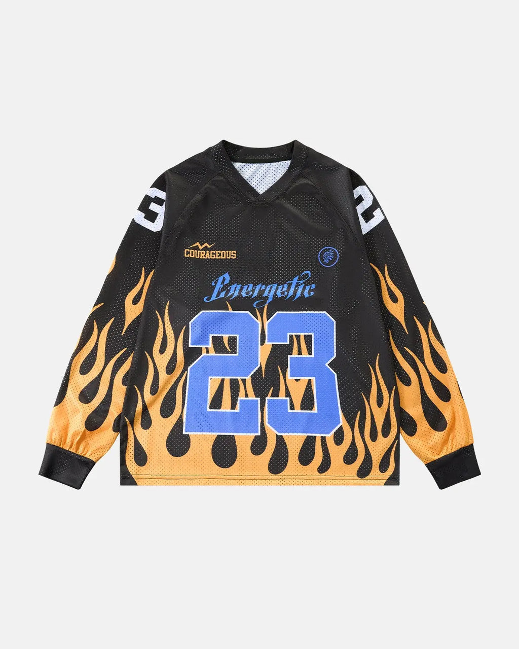 Inflation NO.23 & Flame Print Mesh Tee featuring bold flame graphic and lightweight mesh fabric, streetwear style.