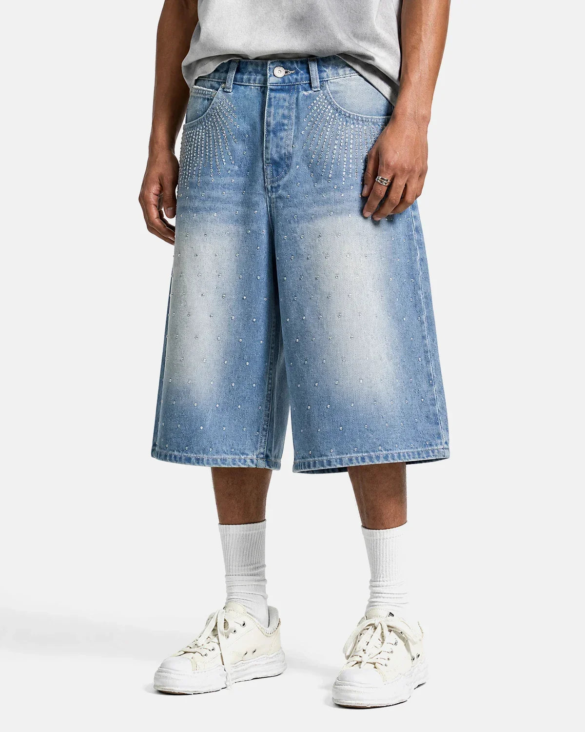 Blue rhinestone baggy jeans shorts from INFLATION Streetwear, showcasing relaxed denim with sparkling rhinestone embellishments.