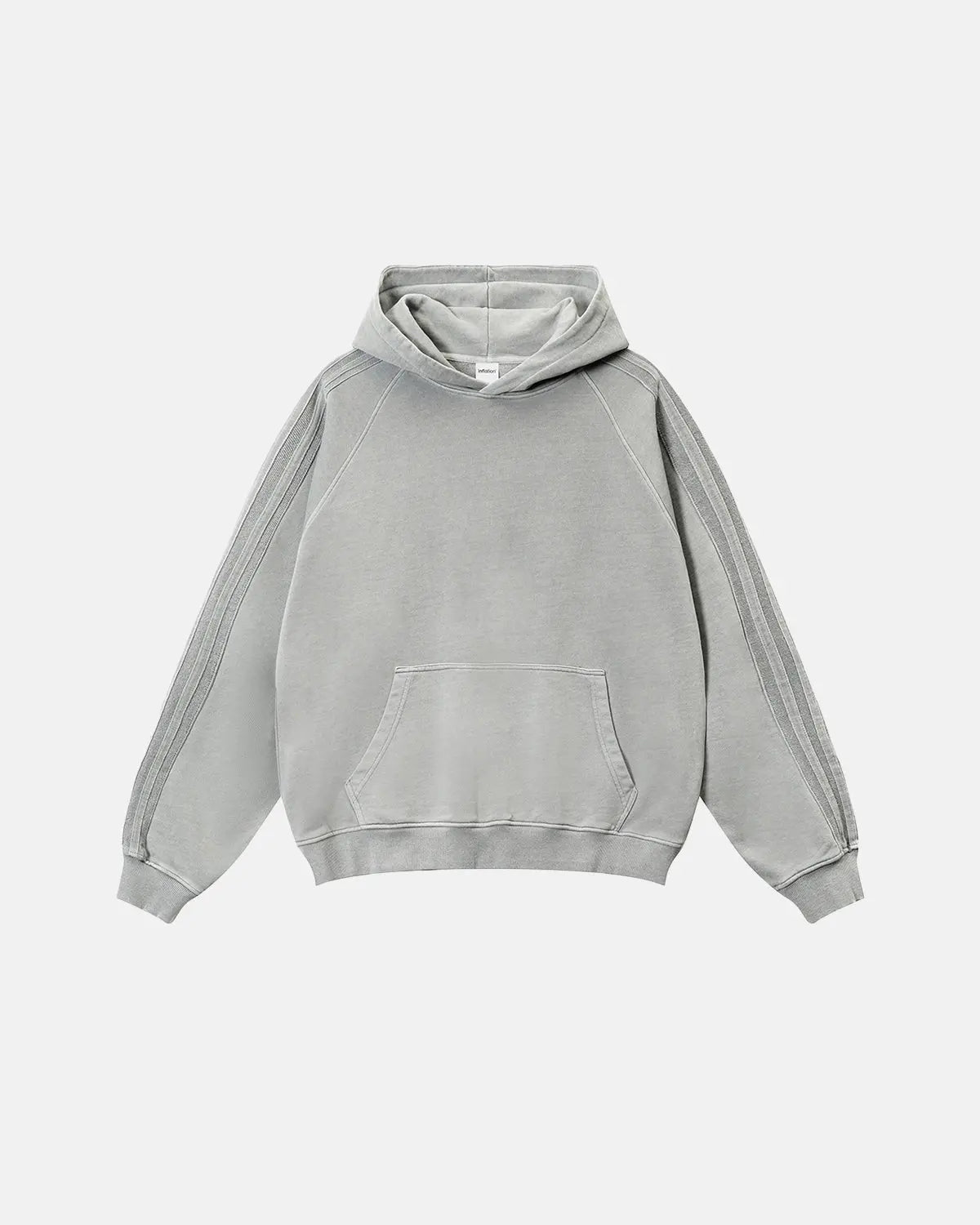 Inflation Streetwear frayed seam acid wash hoodie with distressed details and casual fit, showcasing front view and textured fabric.