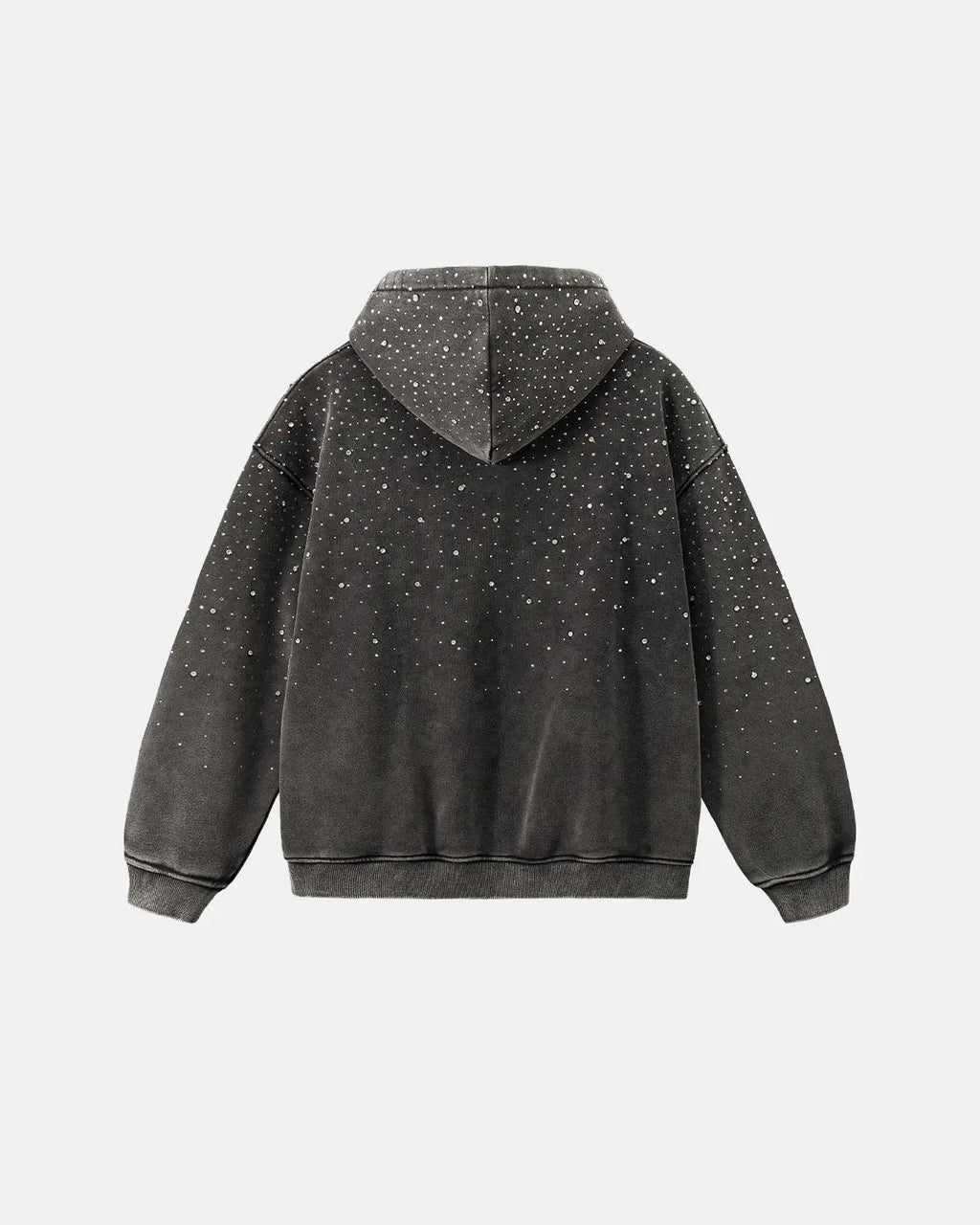 Inflation Streetwear distressed washed fleece zip-up hoodie with rhinestone details, casual streetwear style and comfortable fit.