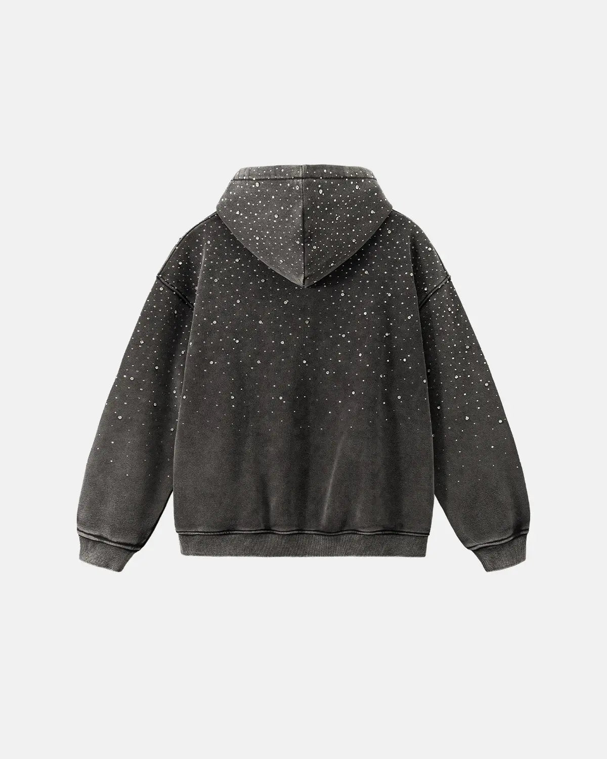 Inflation Streetwear distressed washed fleece zip-up hoodie with rhinestone details, casual streetwear style and comfortable fit.