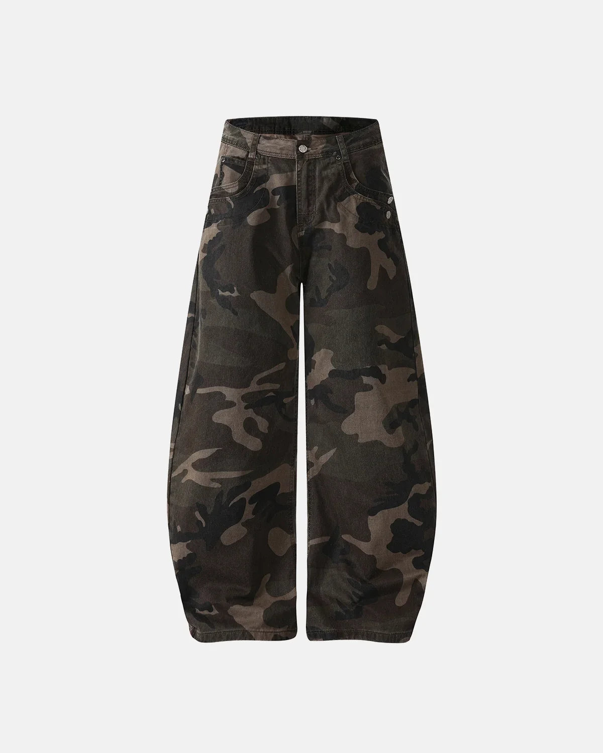 Inflation Streetwear studded camo barrel jeans, men's cargo pants with distressed details and metal stud accents.