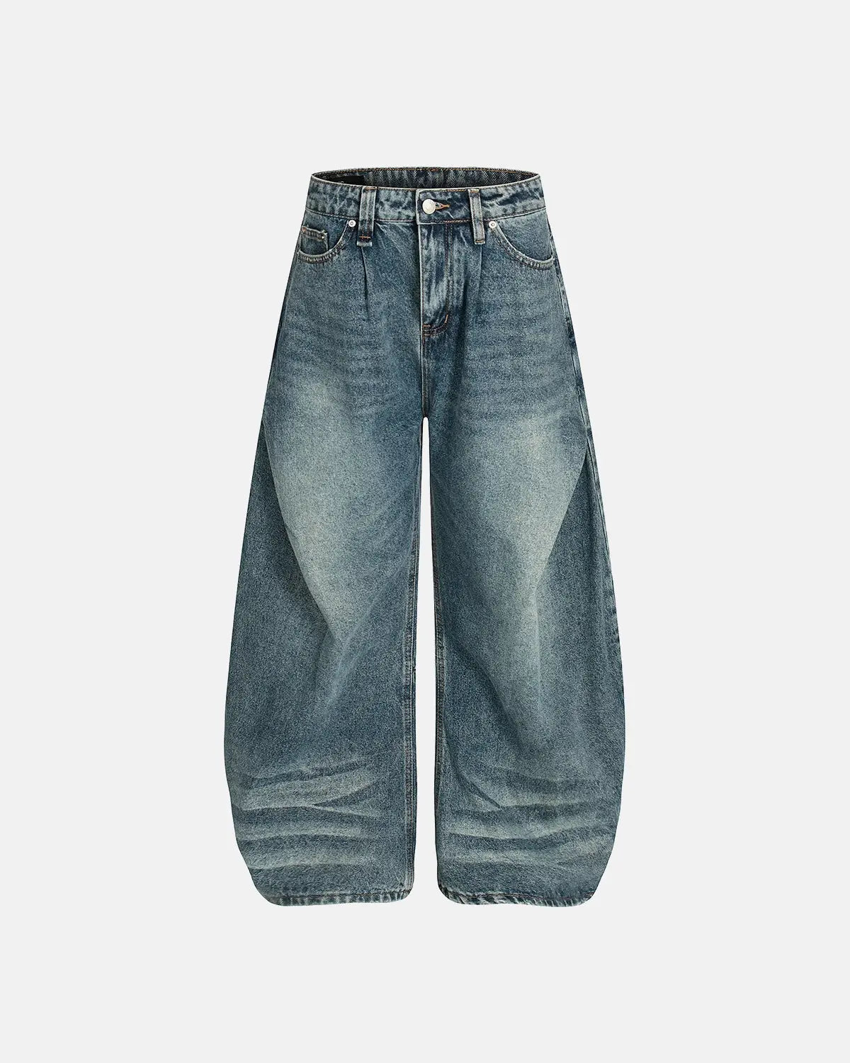Inflation Streetwear Whisker Acid Washed Barrel Jeans showing distressed denim with a relaxed fit and unique wash details.