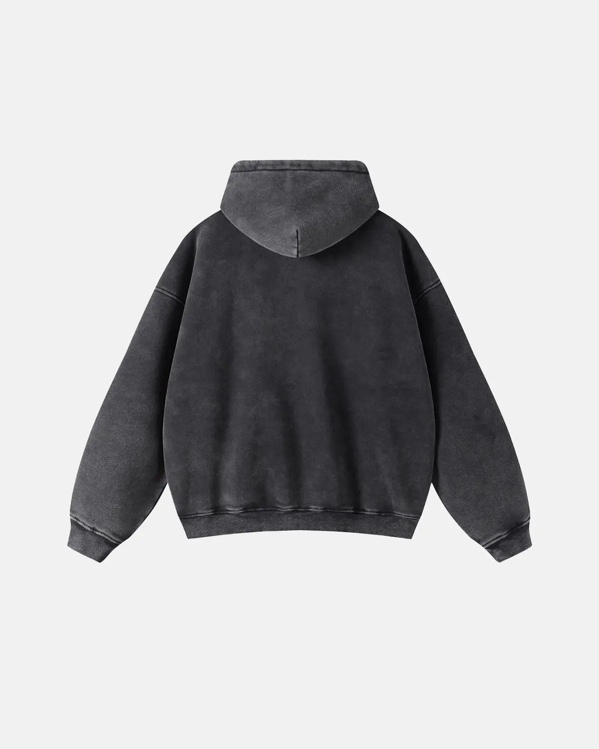 Acid washed distressed fleece zip-up hoodie by INFLATION Streetwear featuring a rugged, casual design with a front zipper and hood.