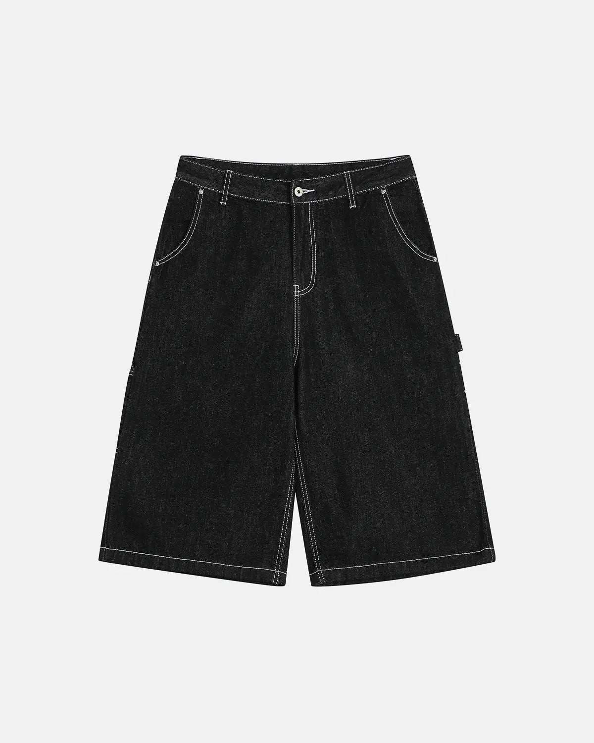 Inflation streetwear raw denim cargo longline shorts, men's casual pants with multiple pockets and distressed denim details.