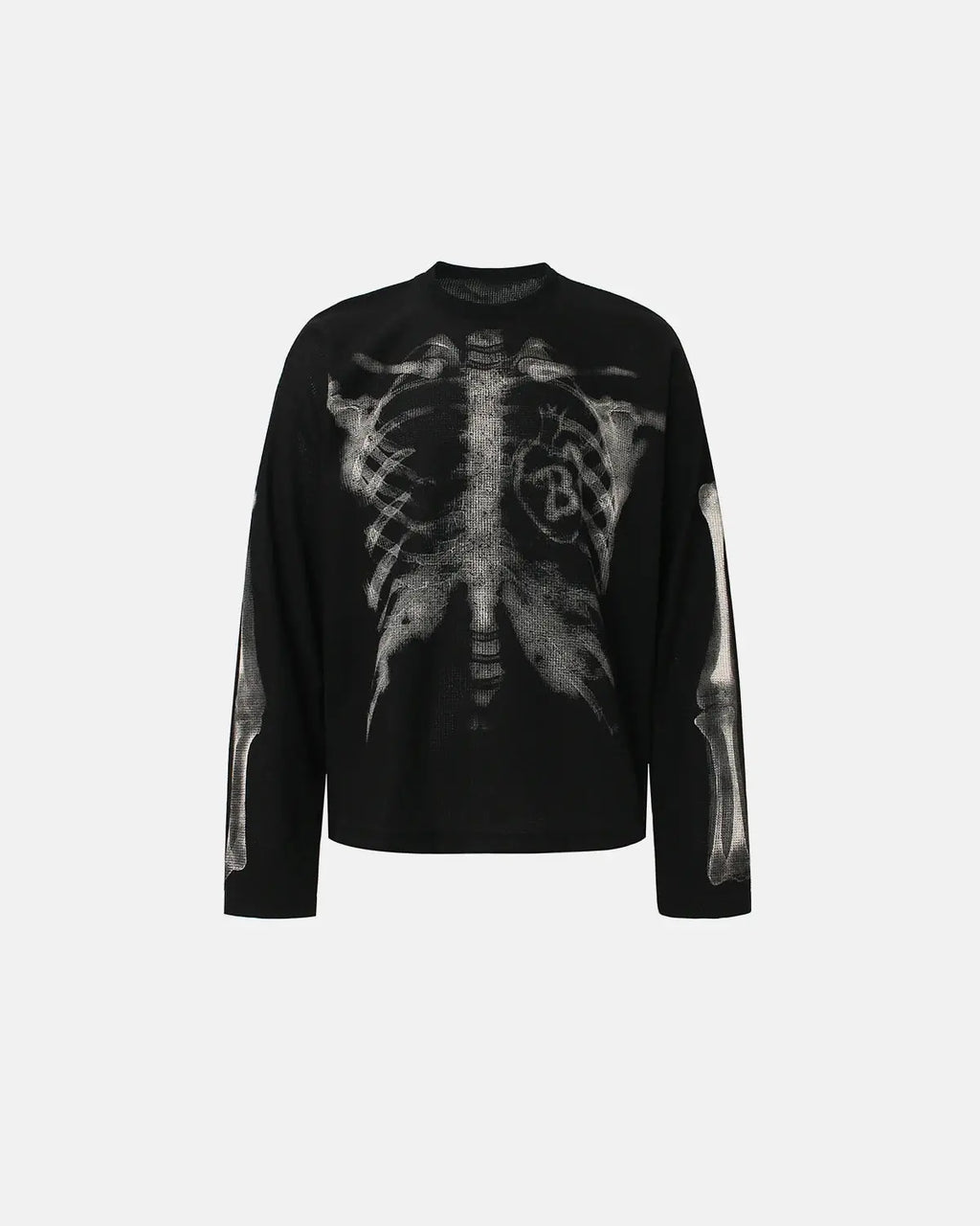 Skeleton graphic washed long sleeve shirt by INFLATION Streetwear featuring a detailed skeleton print on soft, casual fabric.