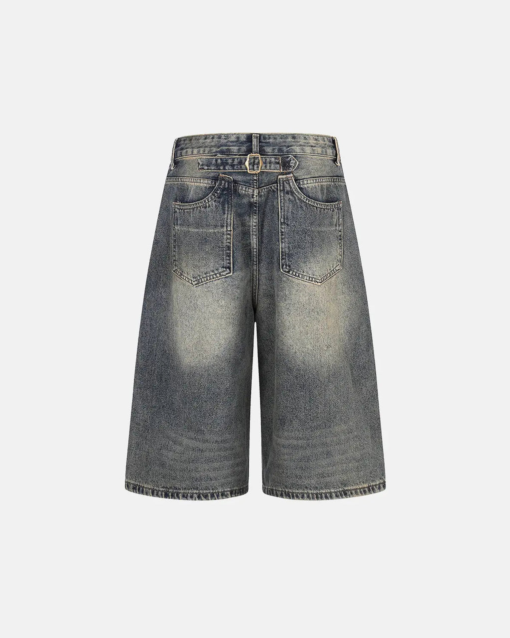 Inflation brand acid washed cinch back buckle jorts, casual denim pants with distressed finish and adjustable waistband.