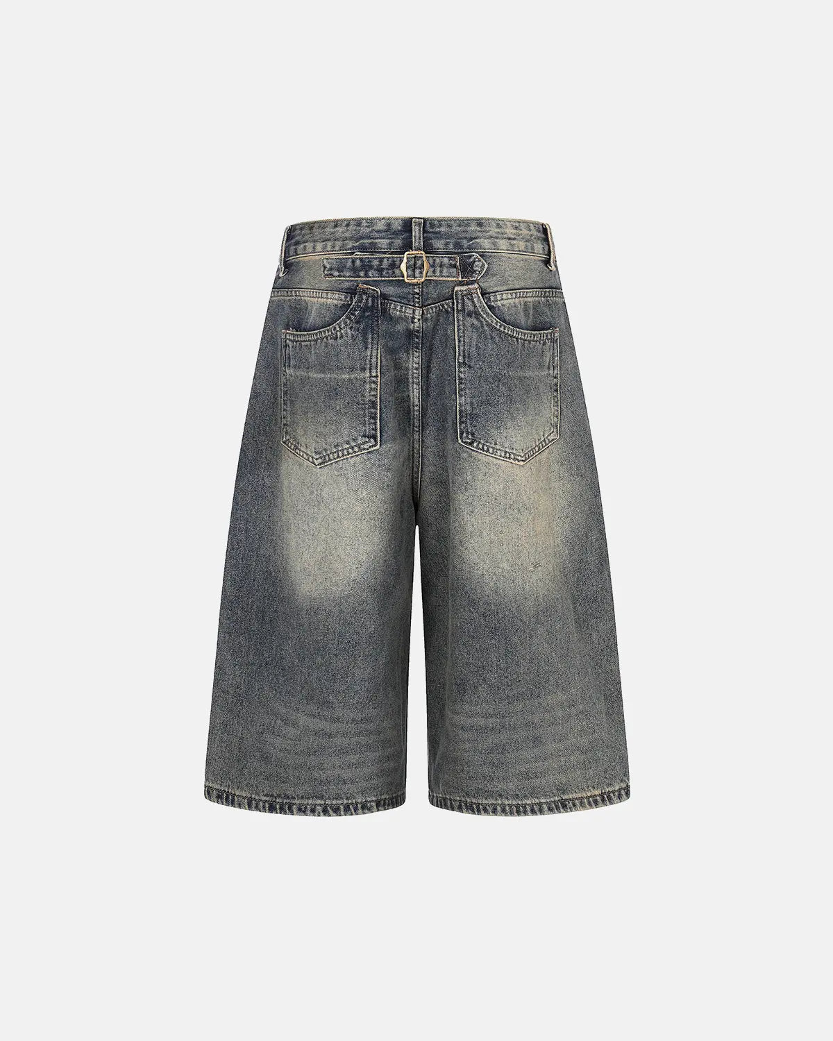 Inflation brand acid washed cinch back buckle jorts, casual denim pants with distressed finish and adjustable waistband.