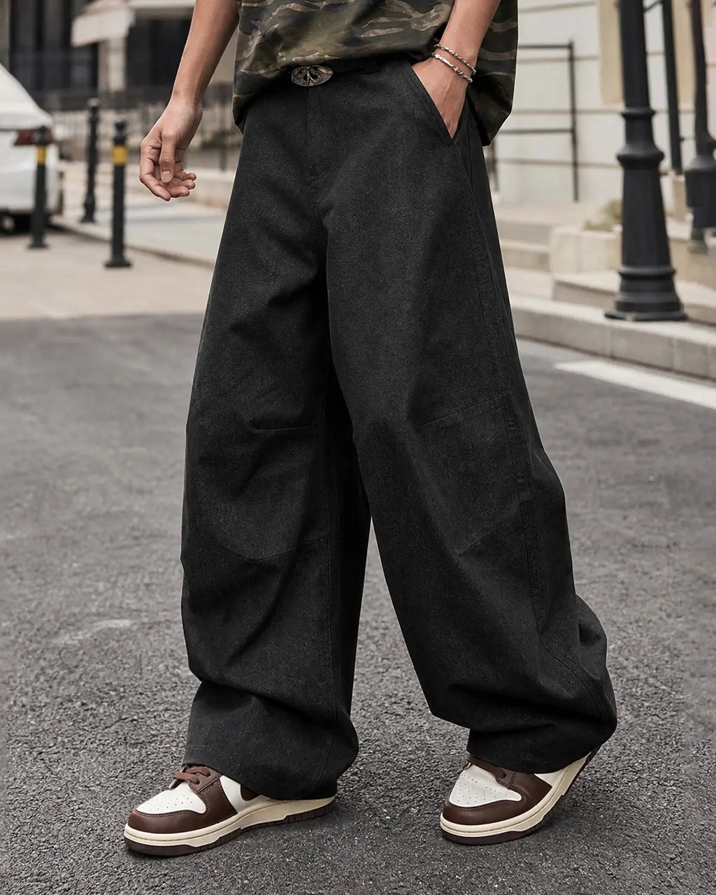 Raw Baggy Barrel Jeans by INFLATION Streetwear, featuring loose fit and distressed denim, displayed on a hanger.